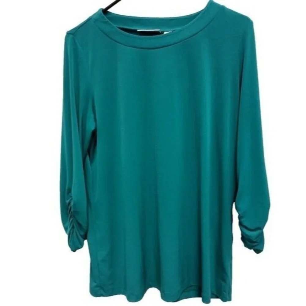 Susan Graver Top Womens Medium Teal Liquid Knit 3/4‎ Ruched Sleeve Minimalist